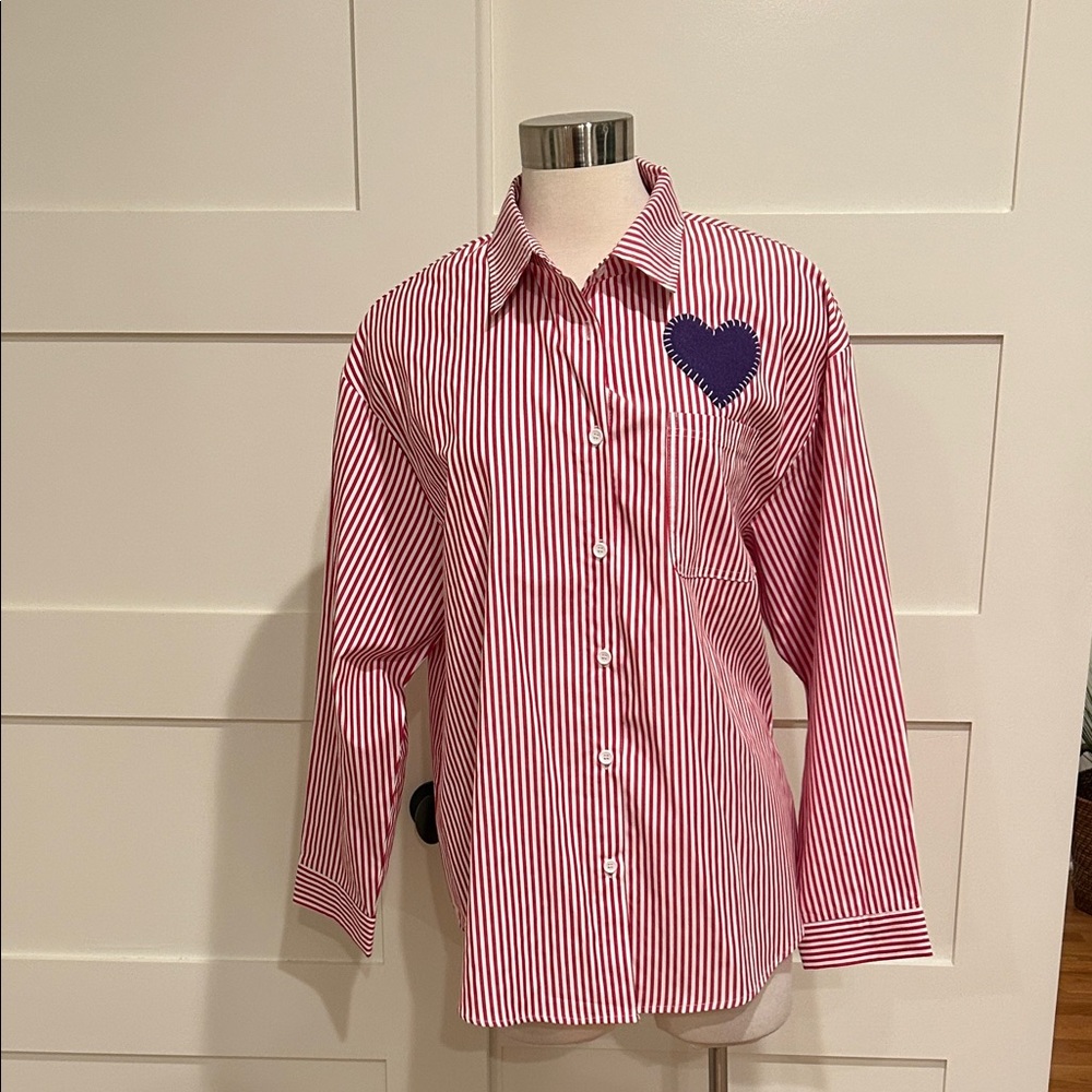 ROMI BASHA- red white striped oversized button-down with purple heart